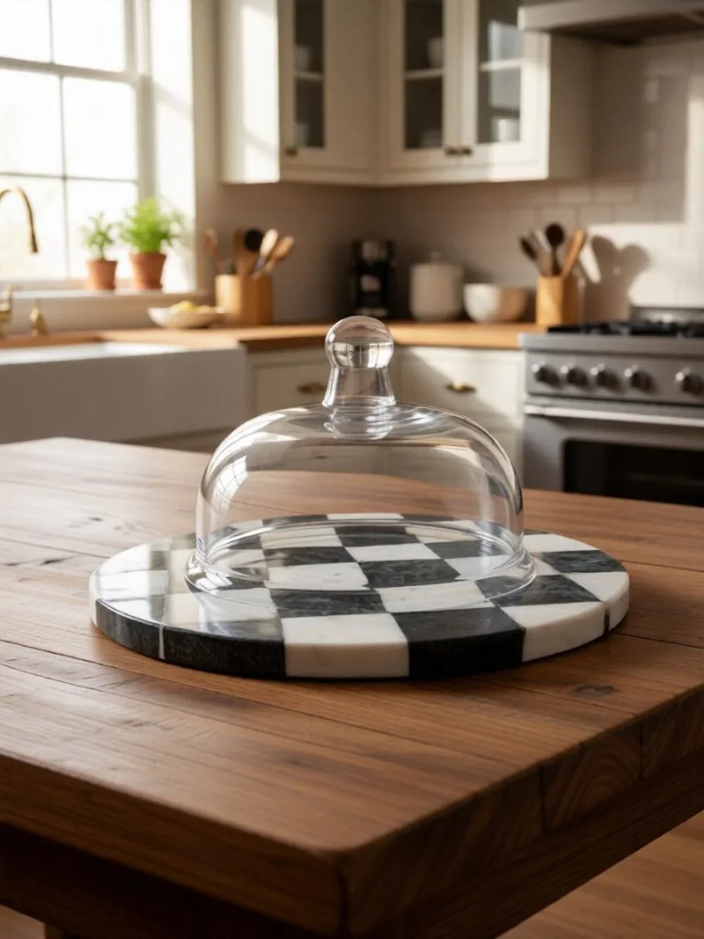 Glass Cloche with Marble Checkerboard Base